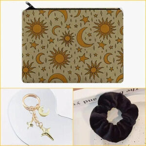 Sun, stars & moon makeup bag with matching keychain and scrunchie.